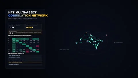 High frequency trading multi asset correlation network data display Stock Footage 348428415