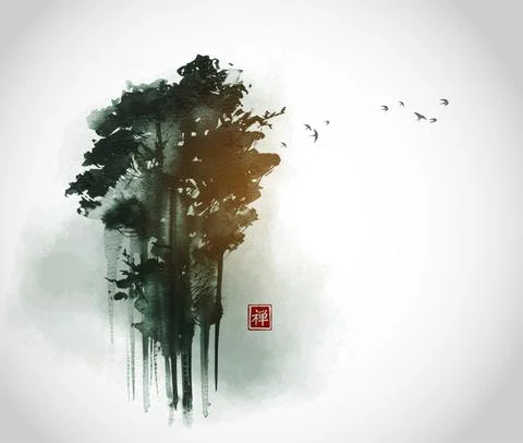 High green forest trees and flock of birds n in fog. Traditional oriental ink Stock Illustration