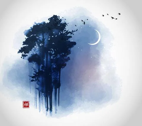 High green forest trees and flock of birds on night sky background with crescent Illustrazione stock