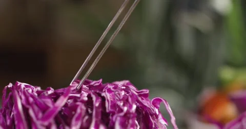 High haute kitchen cooking process. Grabbing purple cabbage with tweezers. Stock-Footage 154849436