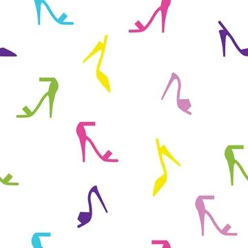 High heels Colorful seamless pattern of shoes, white background. Stock Illustration