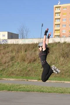 High jump on inline skates 스톡 사진