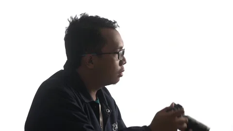 High key video of young man with glasses take a pictures with his camera Stock Footage 162940587