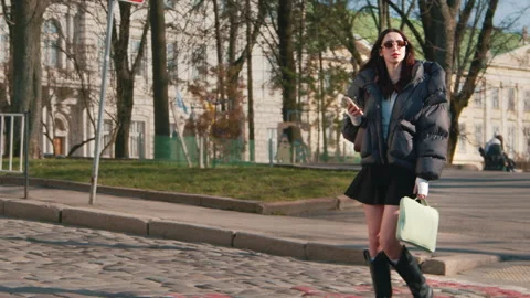 High Lady Cross The Road With Model-Walk With Laptop And Mobile Phone 4k Video Stock Footage 274790850