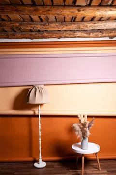 High lamp with white table colored paper backgrounds. photo zone with coffe.. Stock Photos