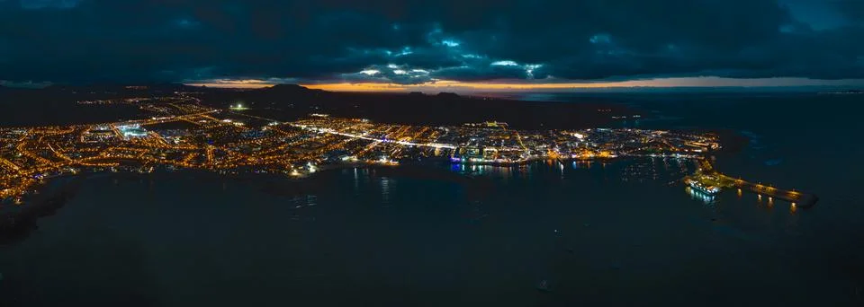 High level aerial panoramic view of Corralejo town and beaches Stock Photos
