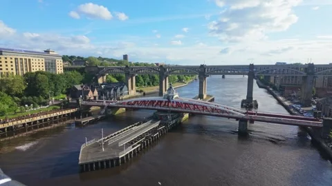 High Level Bridge and Swing Bridge - River Tyne in Newcastle upon Tyne. Stock Footage 338217364