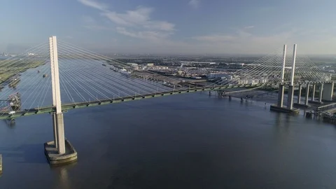 High level drone moves slowly back from QEII Bridge Stock Footage 92511516