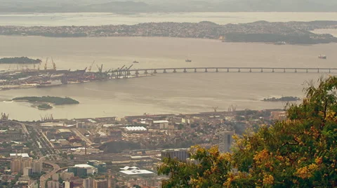 High Level view of Inner City with Harbor and Maracana Football Stadium Stock Footage 64864848