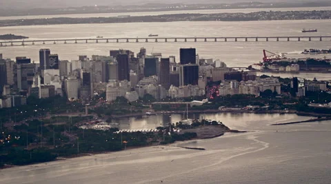 High level view of Inner City with Sugar Loaf and Maracana Football Stadium Stock Footage 64864959