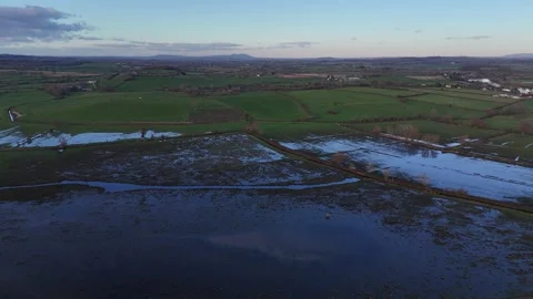 High level view of Walmore Common flooded in winter. Stock Footage 263746176