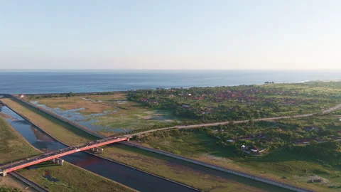 High Linear Flyover River Bridge Village Wetland Sea Distance Stock Footage 344870438