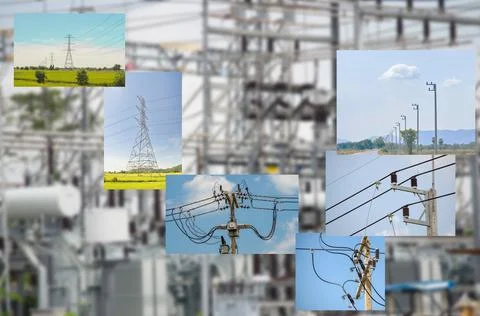 High, Low voltage electric pole and transmission line. Stock Photos