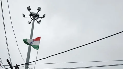 High Mast Lighting Tower with Indian Tricolor Flag in Urban City Setting Stock Footage 344583144