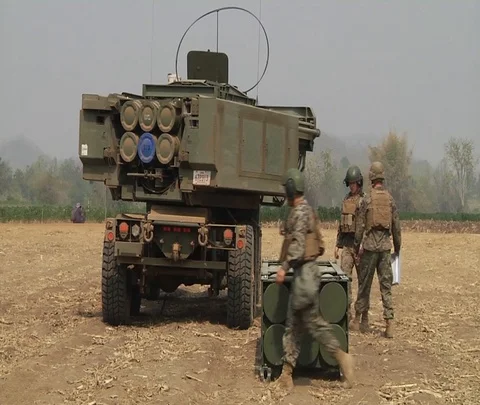 High mobility artillery rocket system rotating for live fire exercise Cobra Gold Видео 102944238