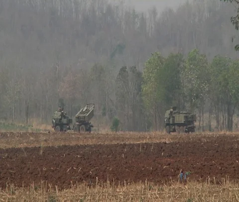 High mobility artillery rocket system in position for live fire exercise Stock Footage 102944338