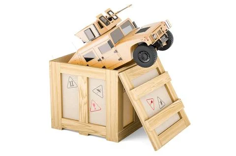 High Mobility Multipurpose Wheeled Vehicle inside wooden box, delivery conc.. Stockillustratie