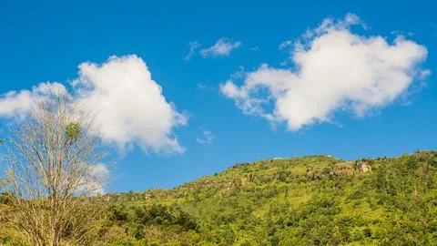 On a high mountain with floating clouds. Sunny, beautifully bright weather. Stock Photos