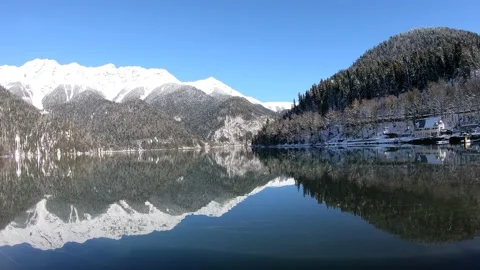 High mountain Lake Ritsa in winter Stock Footage
