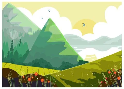 High mountain landscape view, sunset outdoor forest tree, concept sunrise lake Stock-Illustration