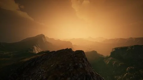 High mountain peaks covered with dramatic heavy fog Stock Illustration