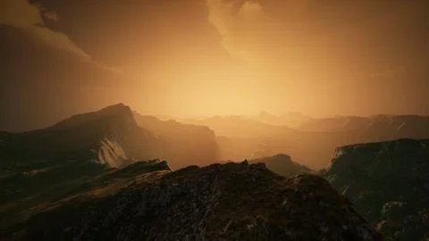 High mountain peaks covered with dramatic heavy fog Stock Illustration