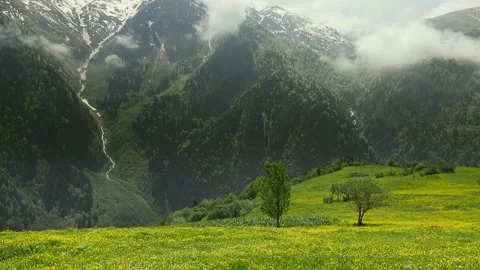 High mountain valley meadow shows spring grass, drifting clouds - Lush and Icy Stock Footage 339489202