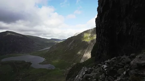 High mountain view over Llyn Idwal in Snowdonia Wales Stock Footage 139958551