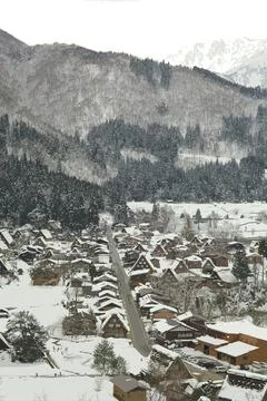 High mountains and forest covered with snow in old  heritage villages in Japan Stock Illustration