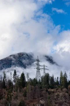 High mountains in clouds with pine forest foreground Stock Photos