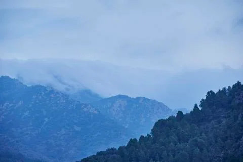 High mountains surrounded by clouds and forests Stock Photos
