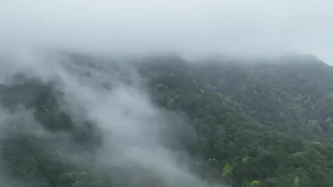 High Mountains Wrapped In Clouds And Mist Scenic Aerial Video stock 320509646
