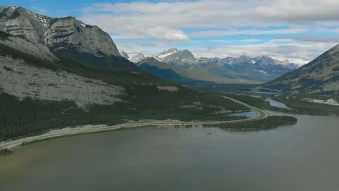 High move over Bow River Alberta Rockies in BG Video stock 113009590