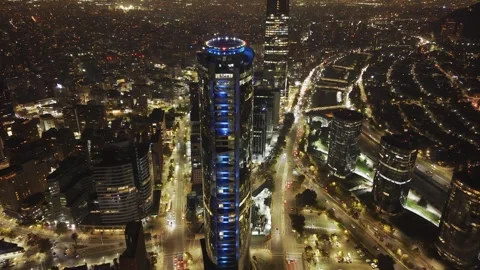 High night drone orbit over Costanera Center and Apoquindo Santiago Chile Vídeos de archivo 334637403