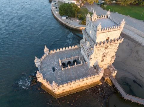High oblique view of the Belem Tower at sunrise Stock Photos