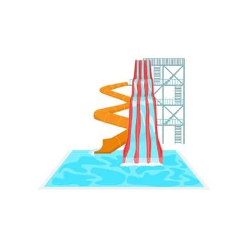 High orange spiral plastic pipe water slide and straight triple descent in aqua Stock Illustration