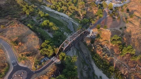 High Orbit shot of Iron Horse Trail in Valencia, CA Stock Footage 160480587