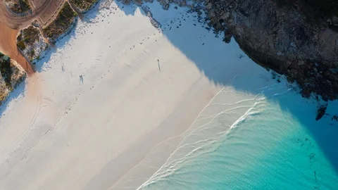 High overhead shot of Cape Le Grand Beach and car park near camp ground Stock Footage 125453504