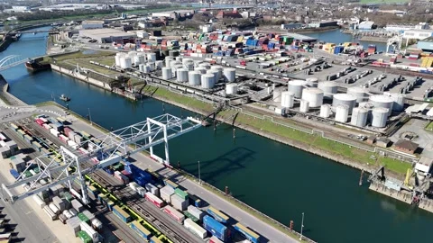 High overview of quay crane and storage tanks Video stock 331896708