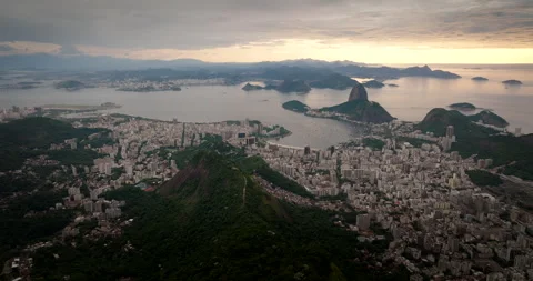 High panoramic drone view of famous Rio de Janeiro sunrise over Guanabara Bay Vídeo Stock 311967062