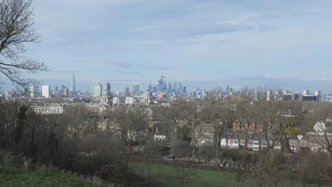 A high panoramic view of the London city skyline from Greenwich Park. Stock Footage 323670165