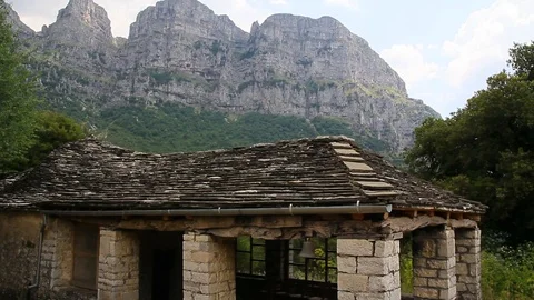 High Peaks Mountains Backround of old ancient build of stones Video stock 128312129