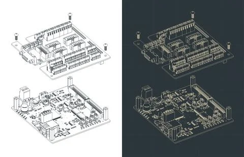 High-performance CNC control board isometric drawings illustrations Stock Illustration