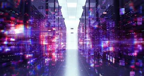 High performance computing servers with abstract digital data overlays. Stock Footage 337179571