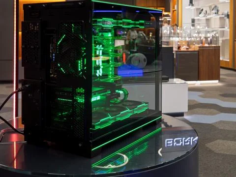 High-Performance Gaming PC with Neon LED Lighting Stock Photos