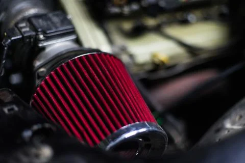 High performance red air filter of sport car with engine on back Foto stock