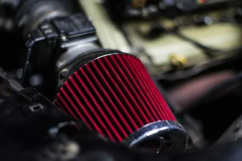 High performance red air filter of sport car with engine on back Stock Photos