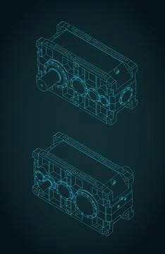 High performance reduction spur gear box isometrivc blueprints Stock Illustration