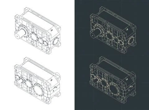 High performance reduction spur gear box isometrivc drawings Stock Illustration