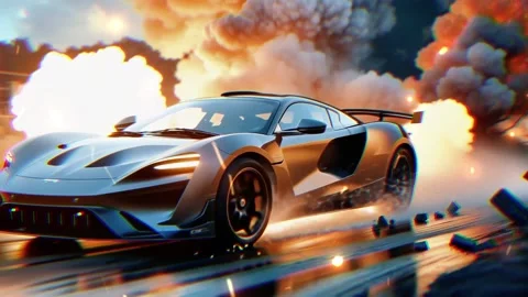 A high-performance supercar racing at high speed through a massive explosion Stock Footage 307070758